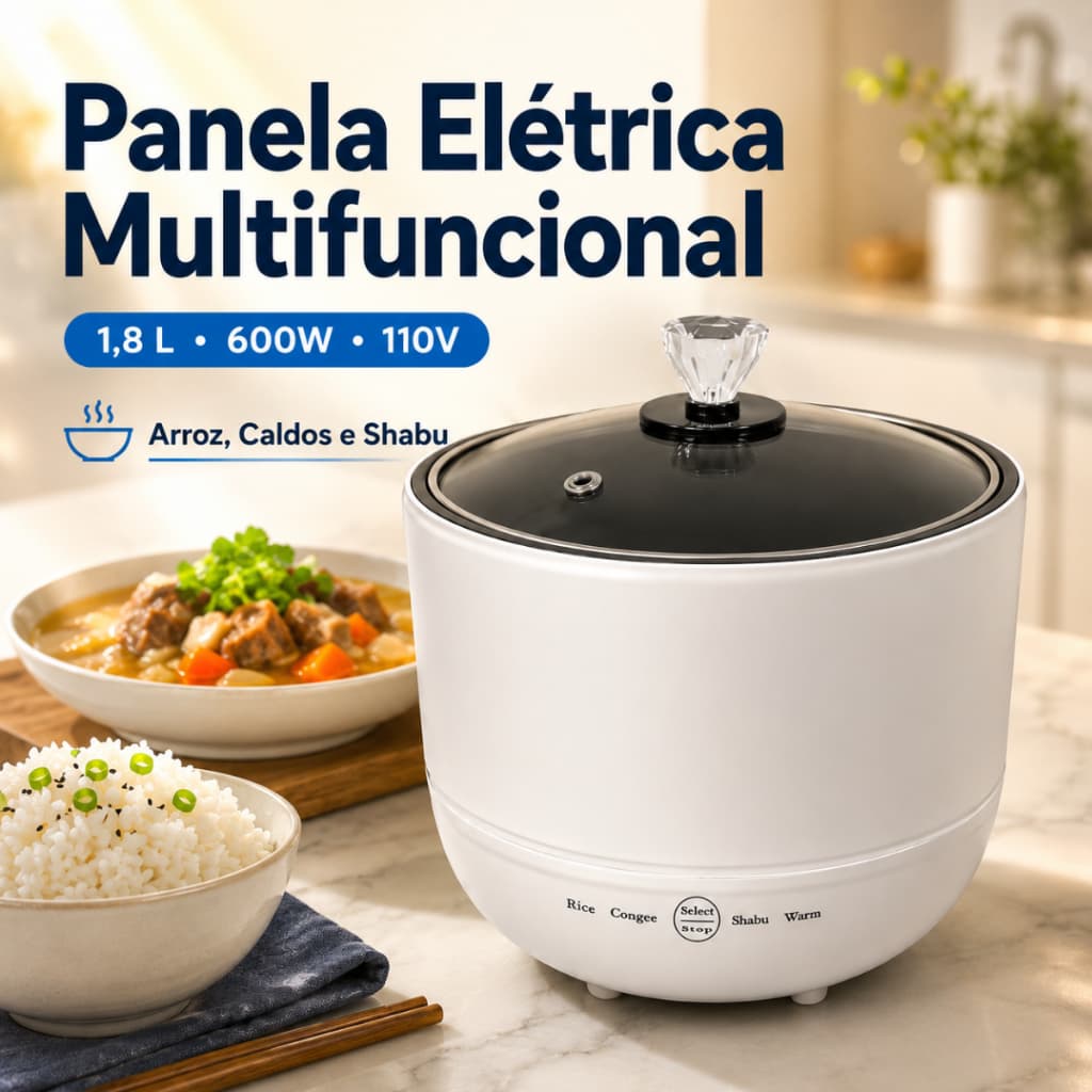 Panela Elétrica Multifuncional Arroz 1,8L 600W 110V Antiaderente Portátil Vaporizar Aquecimento Rápido Compacta