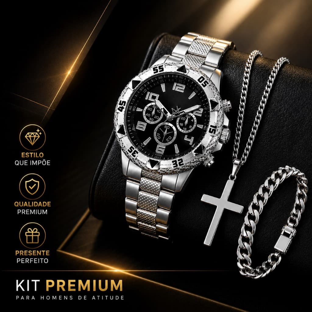 Kit Relógio Masculino de Aço Inoxidável  Corrente de Inox de  60cm + Crucifixo Inox + Pulseira