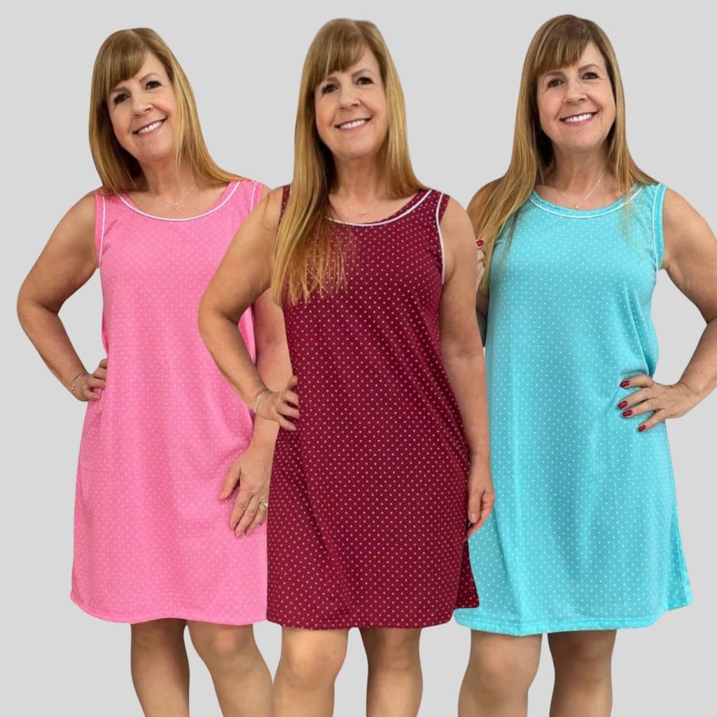 Kit 3 Camisolas de Malha Verão Poá Vestido Regata Senhora Cirurgia Confortável de Dormir