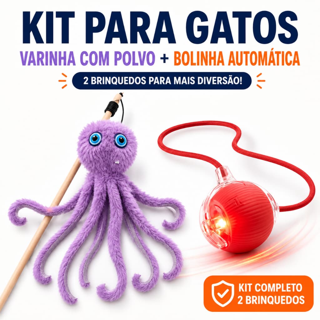 Kit Brinquedos Interativos para Gatos Bolinha Rolamento Automática + Varinha com Pelucia Polvo