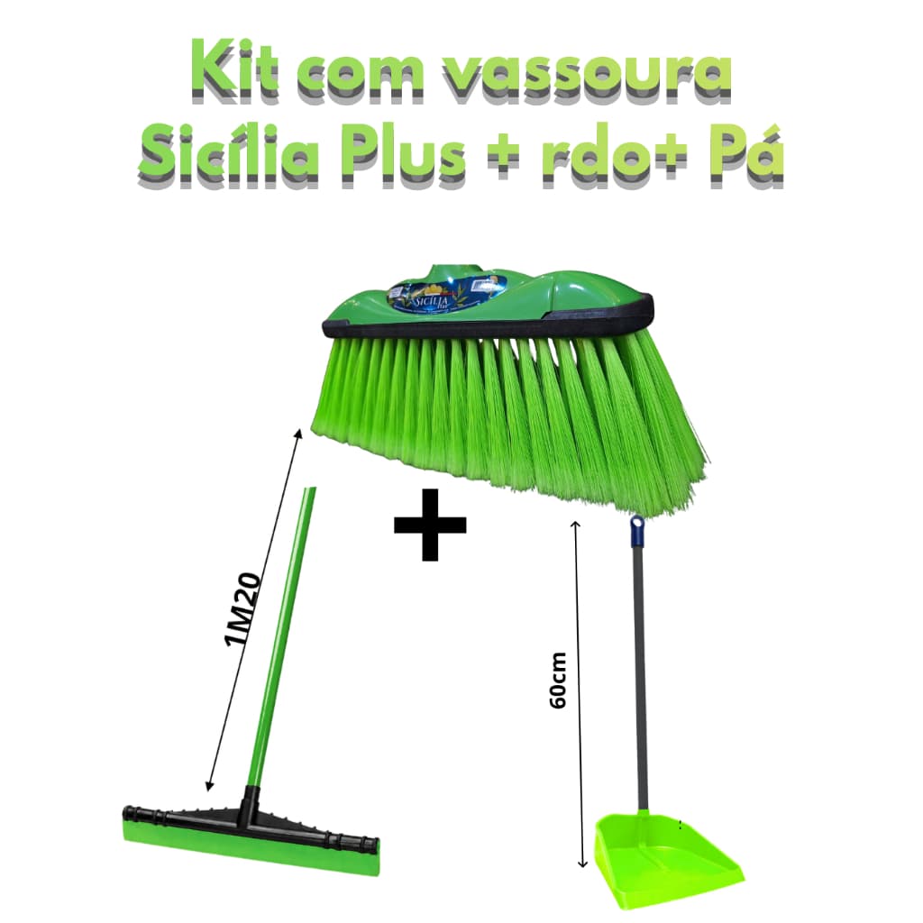 Kit Vassoura Sicília Plus + Rodo 40cm + Pá longa com cabos listrados
