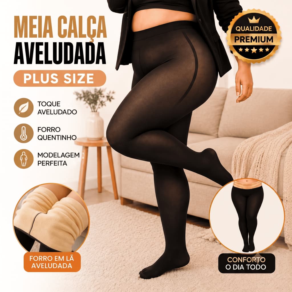 Meia Calça Plus Size Térmica Peluciada Lã Grossa Super Quente Confortável Inverno Feminina Cintura Alta
