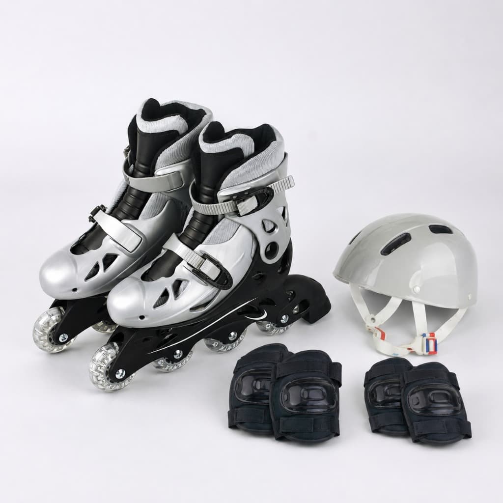 Patins Inline Infantil Ajustável Prata 34-37 Kit Proteção Fênix Prata