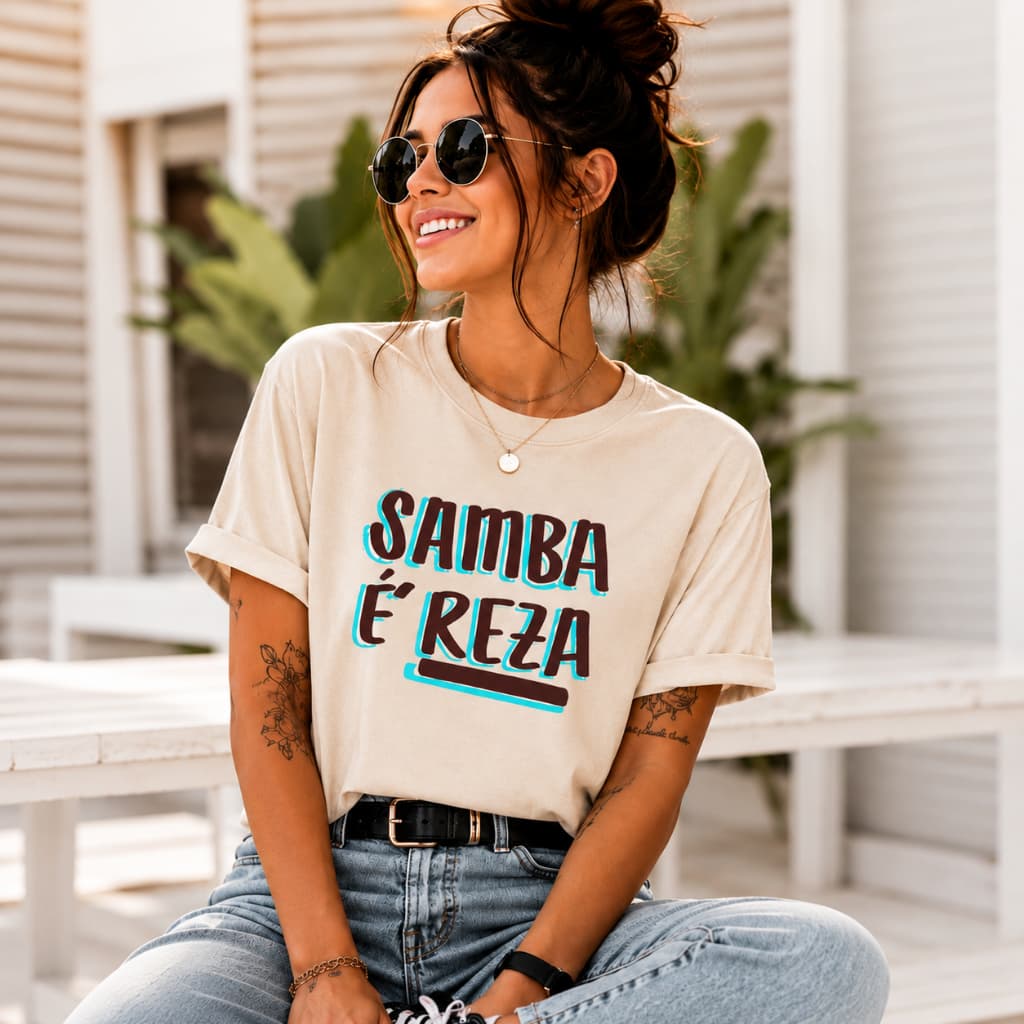 Camiseta Samba É Reza Feminina 100% Algodão Estampada Camiseta Casual Básica Moda Envio Rápido
