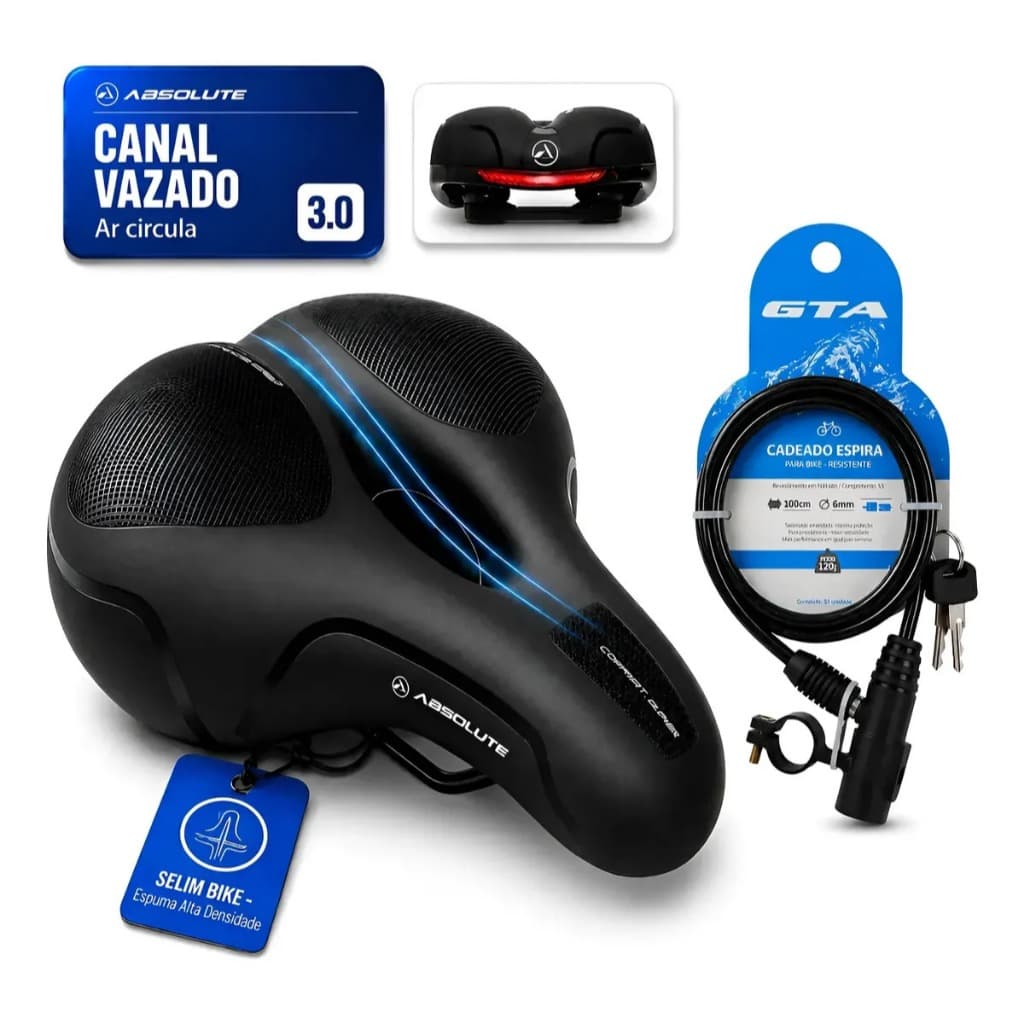 Selim Banco Sela Vazado Absolute Confort Super Macio Mtb+ Cadeado Gta Bike 1 Metro Bike Bicicleta