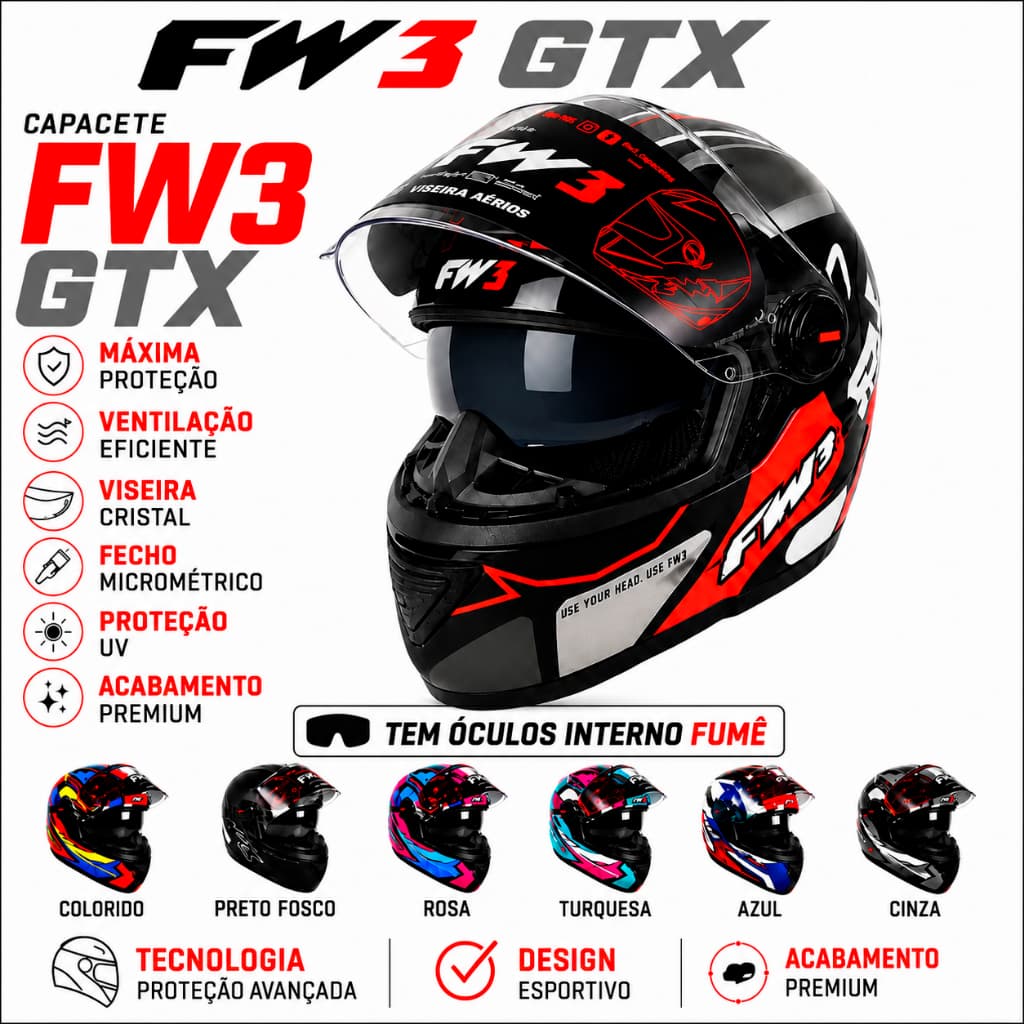 Capacete Fechado Fw3 Gtx Fox Óculos + Narigueira Masculino Feminino Cores Novo