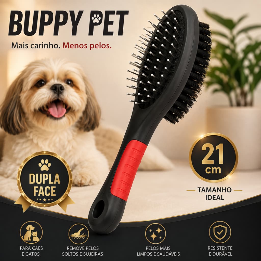 BUPPY PET Escova Dupla Face para Cães e Gatos – Remove Pelos e Nós, Escova Pet 21cm