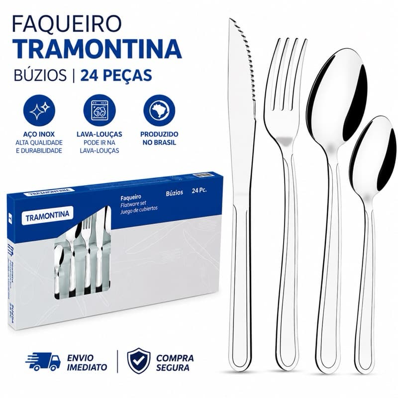 Faqueiro Tramontina Búzios 24 Peças Aço Inox Original Jogo de Talheres para 6 Pessoas