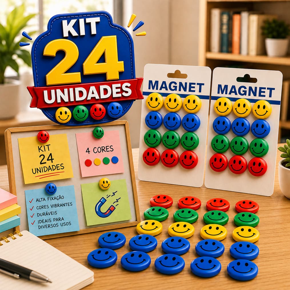 Kit 24 Imãs Emoji Magnéticos 2cm Quadro Branco Geladeira Mural Lousa Escola Escritório Recados Avisos Alta Fixação Forte