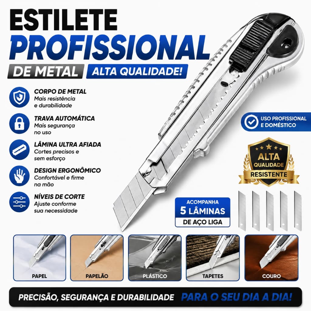 Estilete De Metal Profissional alta qualidade com 5 Lâmina de aço liga Afiado e durável