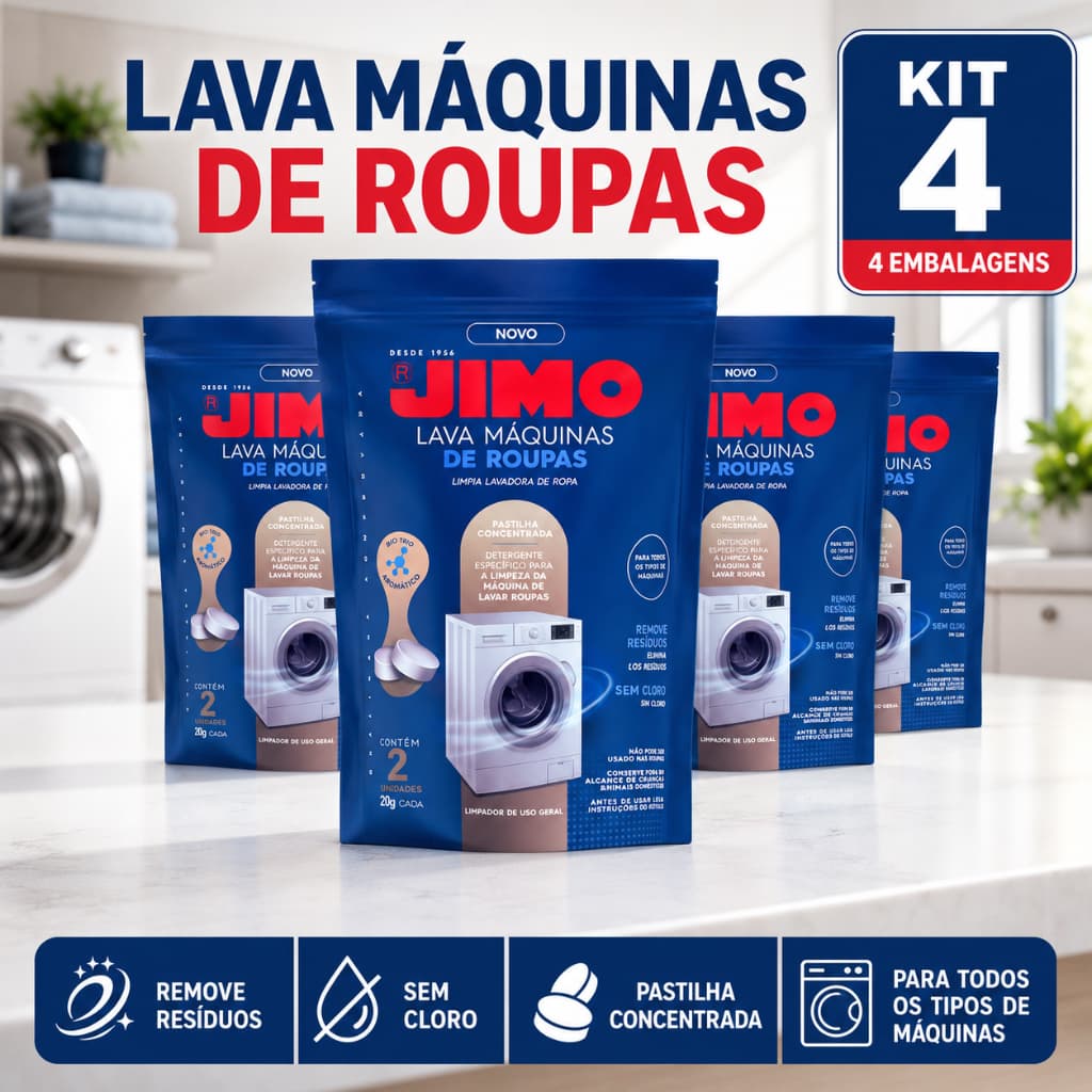Kit 4 Pastilhas Limpa Máquina de Lavar Roupas Elimina Odor Mofo Bactérias Higienizador Limpeza Profunda 20g Jimo