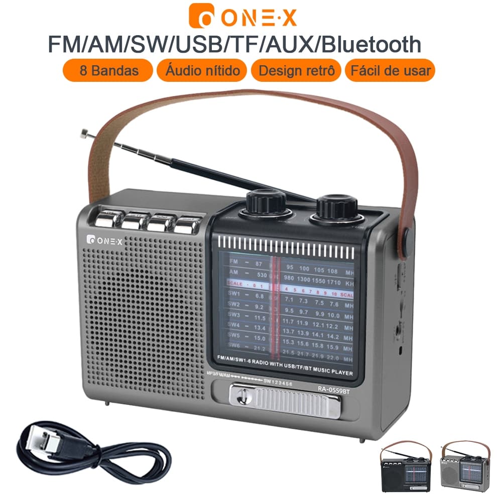 Radio Portatil 8 Bandas AM/FM/SW1-6com Bluetooth e MP3 Player USB TF AUX