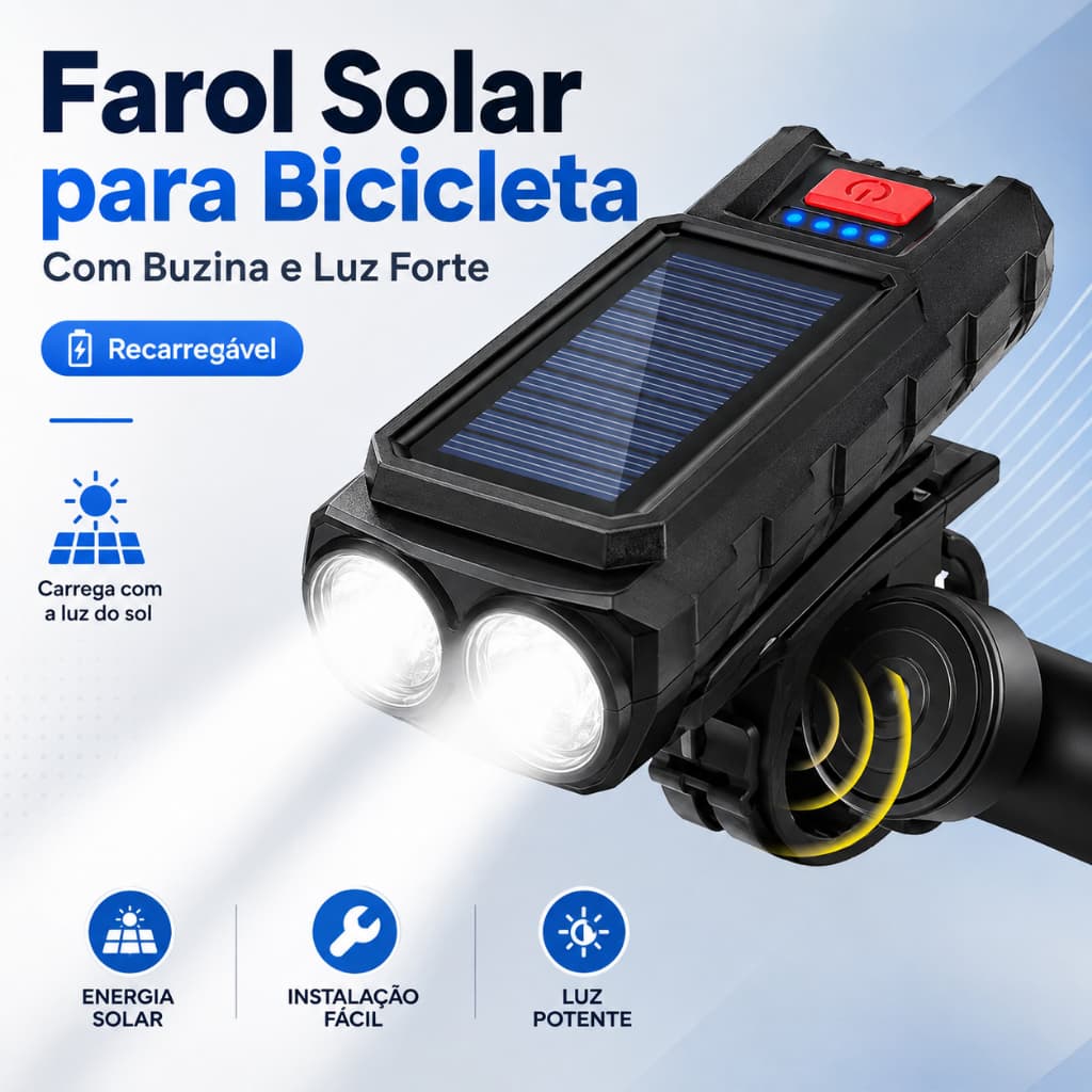 Kit Farol LED para Bike Solar Recarregável com Buzina e Função Carregador