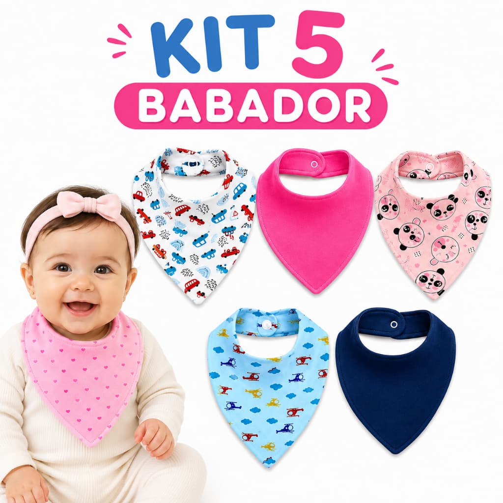 Kit 5 Babador Bandana para Bebê Tecido 100% Algodão Menino Menina Liso Estampado