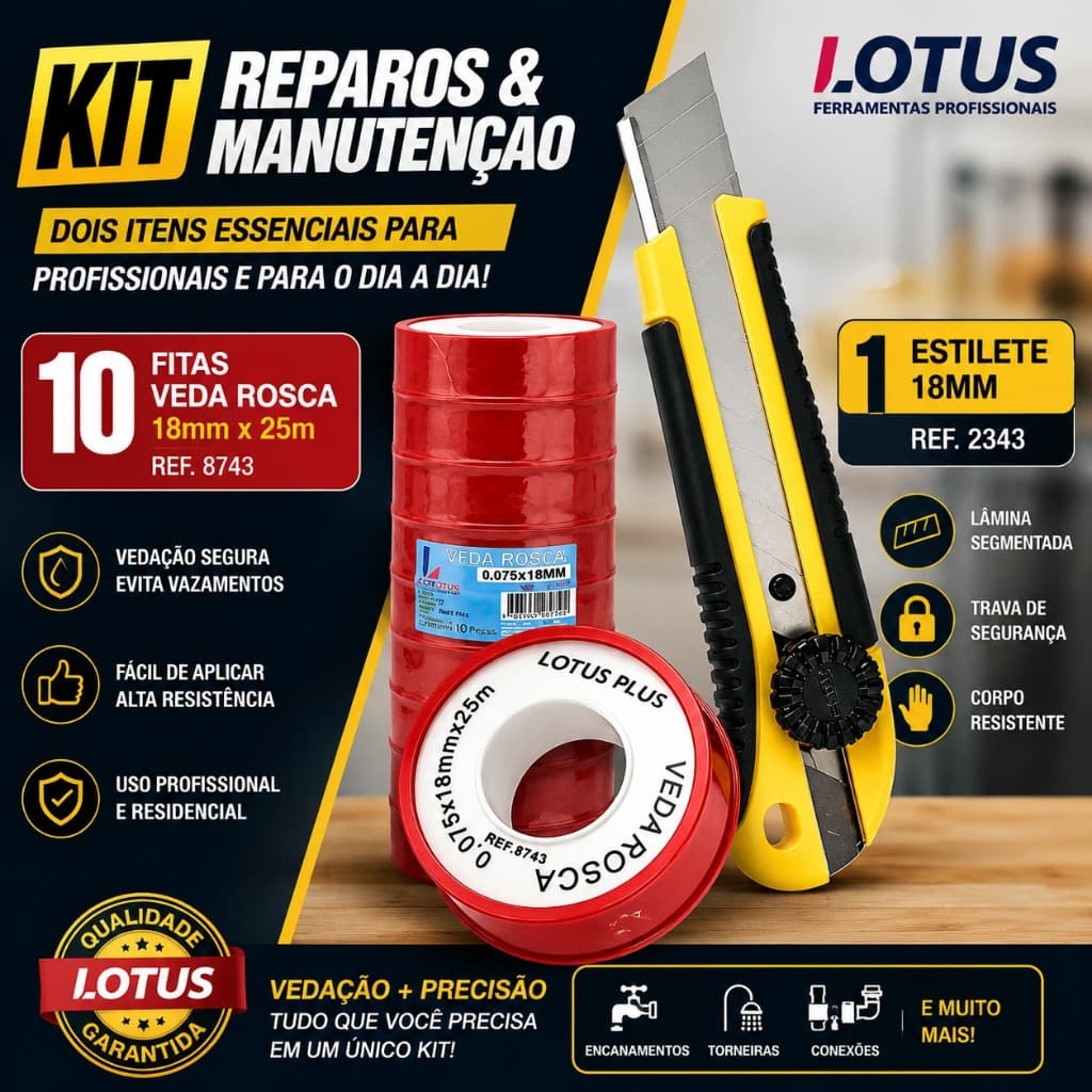 KIT 10 FITAS VEDA ROSCA 25 METROS + ESTILETE LOTUS | REPAROS E MANUTENÇÃO | 2343 | 8743