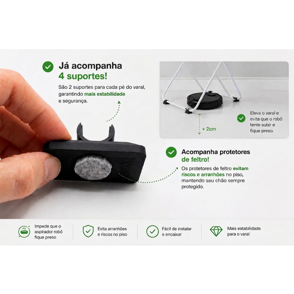 Seu Robô Aspirador Fica Preso No Varal? Suporte Elevador 2cm Para Varal De Chão