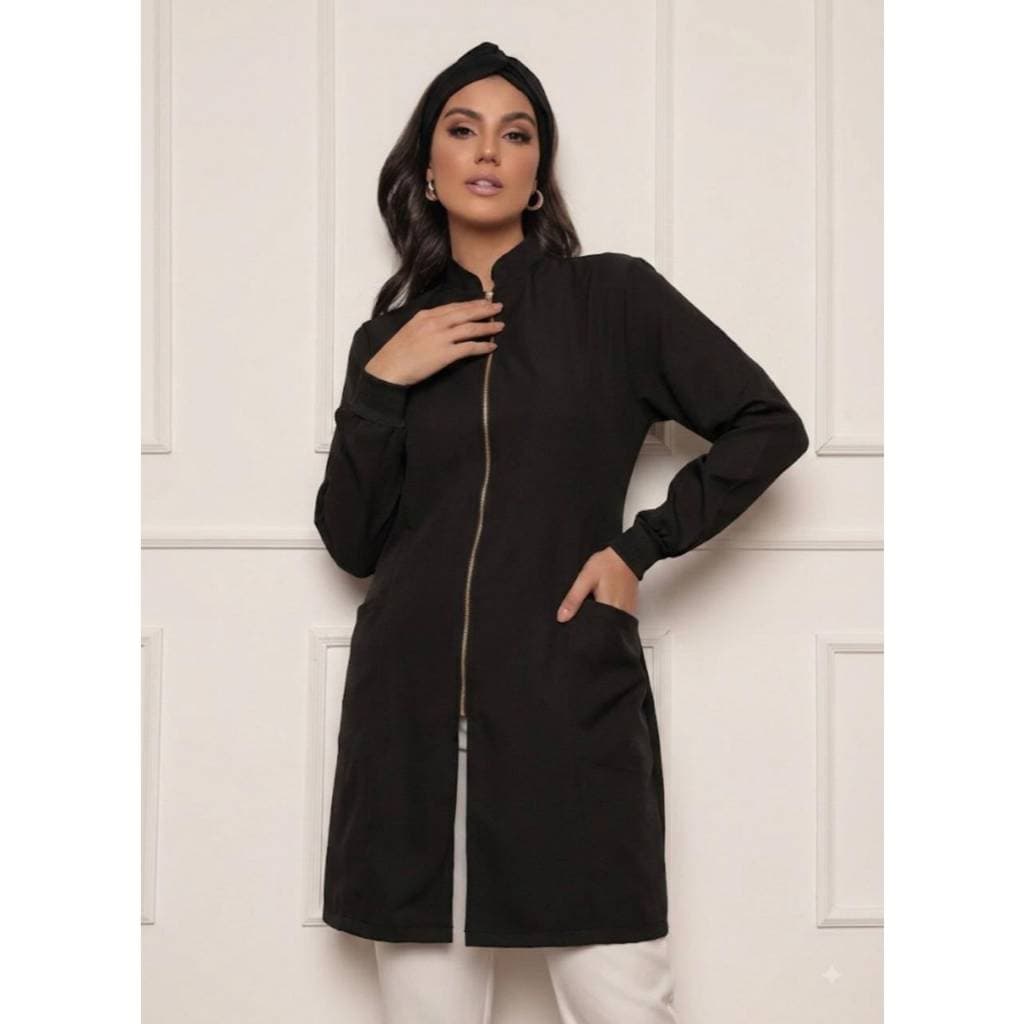 Jaleco Feminino Zíper Nice + Turbante Preto Gardenia Uniformes