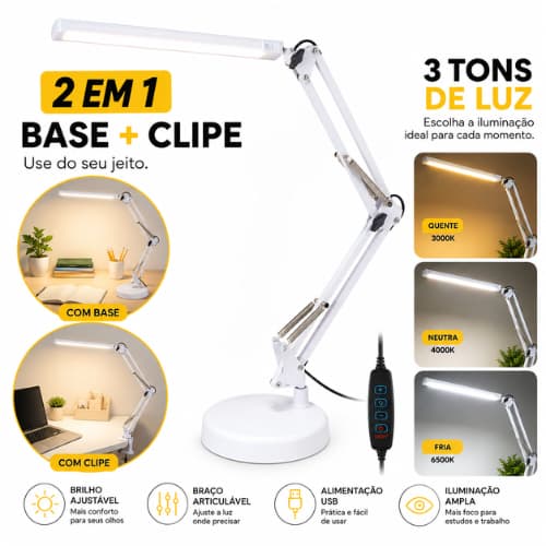 Luminária de Mesa LED 2 em 1 com Base e Clipe 3 Tons de Luz Braço Articulável para Estudo Leitura Home Office Escritório