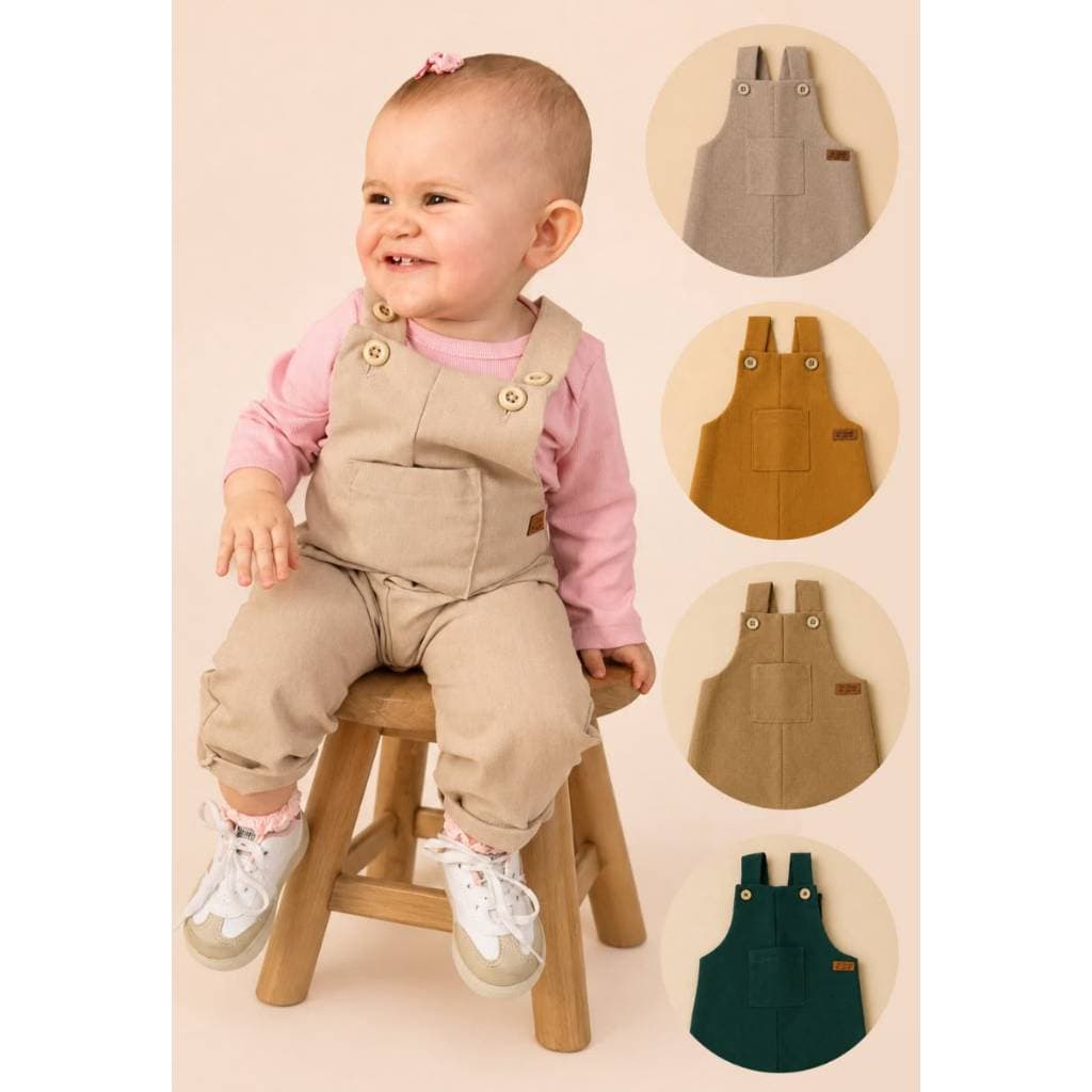 Jardineira Infantil Bebê em Linho com Ajuste de Altura P ao 3