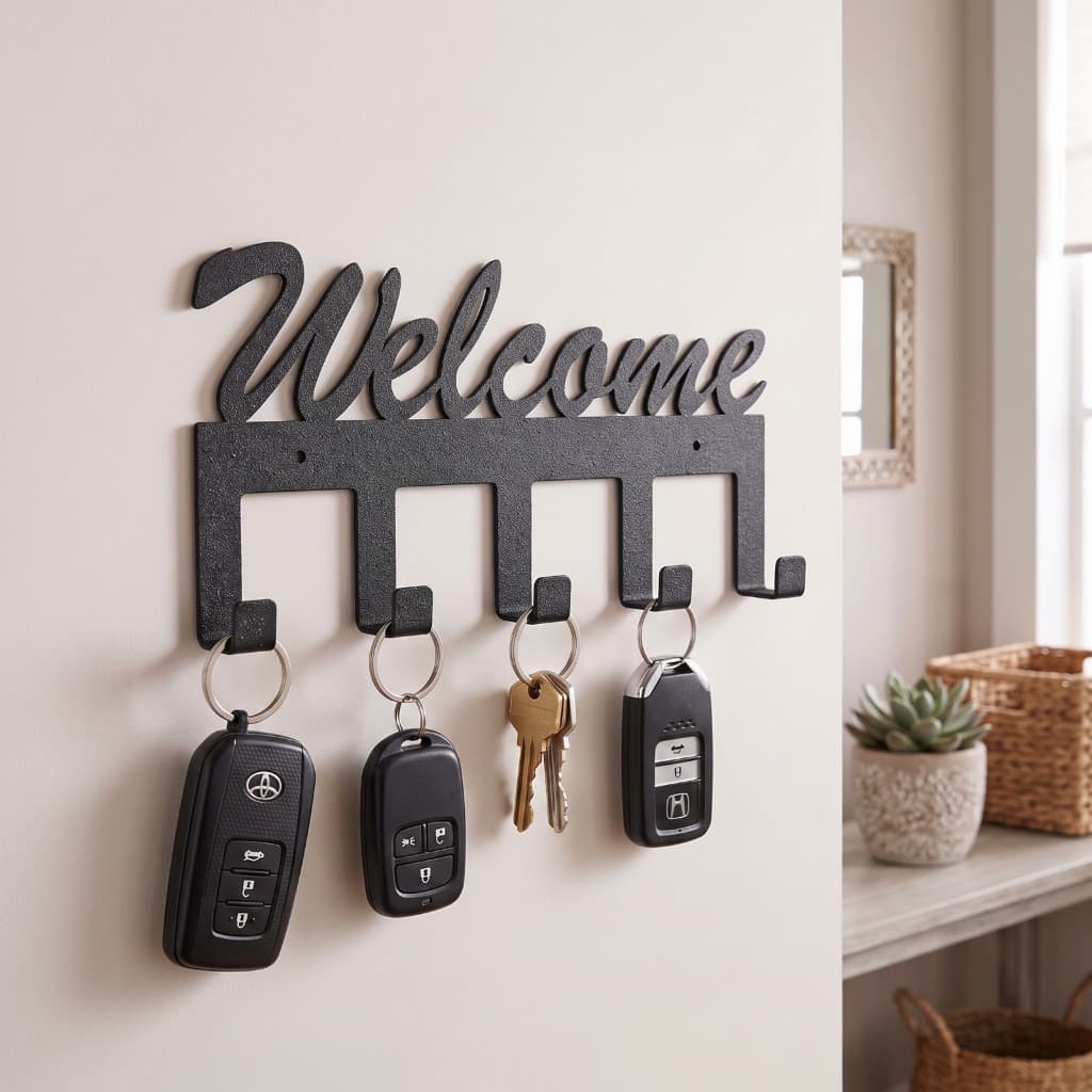 Porta Chaves de Parede 4 Ganchos Zelele Decorativo Metal Preto