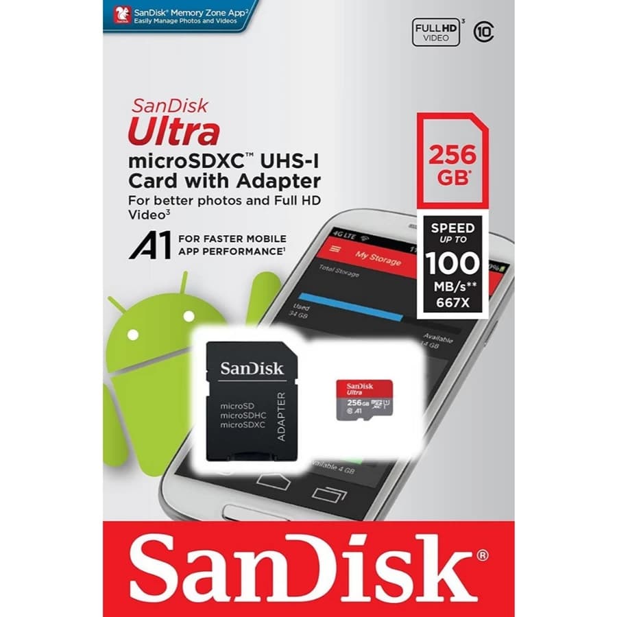 Cartão de Memória Sandisk Original 256Gb Adaptador Micro Sd Ultra 100mb/s Classe 10 Para Drone Câmera Game PC Celular