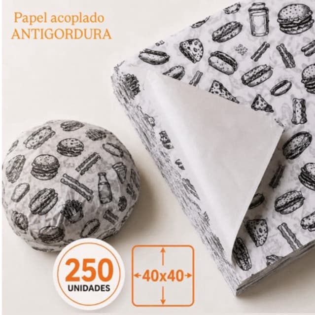 Papel Acoplado Antigordura 40x40 para Embrulhar Hambúrguer Lanche Fast Food Burguer 250 Unidades Folhas
