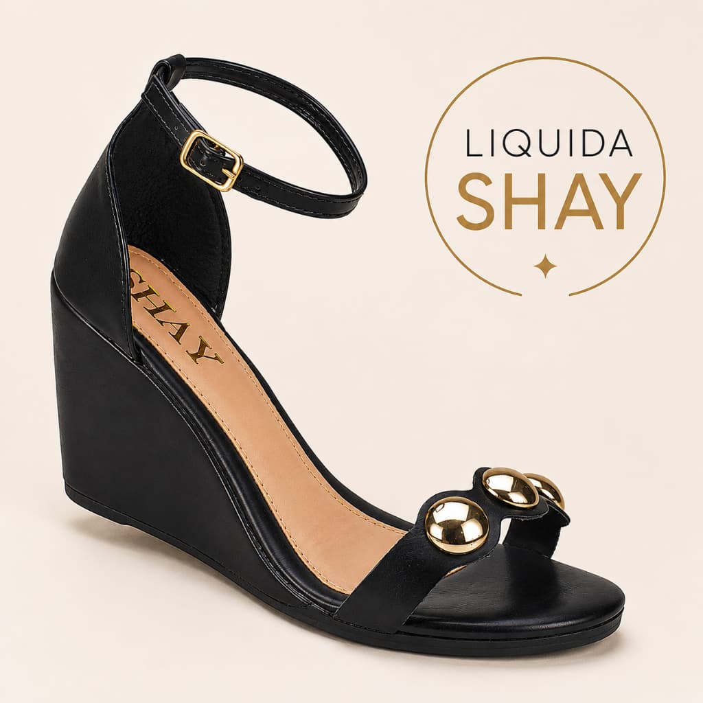 Sandália Feminina Anabela Shay Salto Alto Enfeite Dourado Leve Elegante Confortável