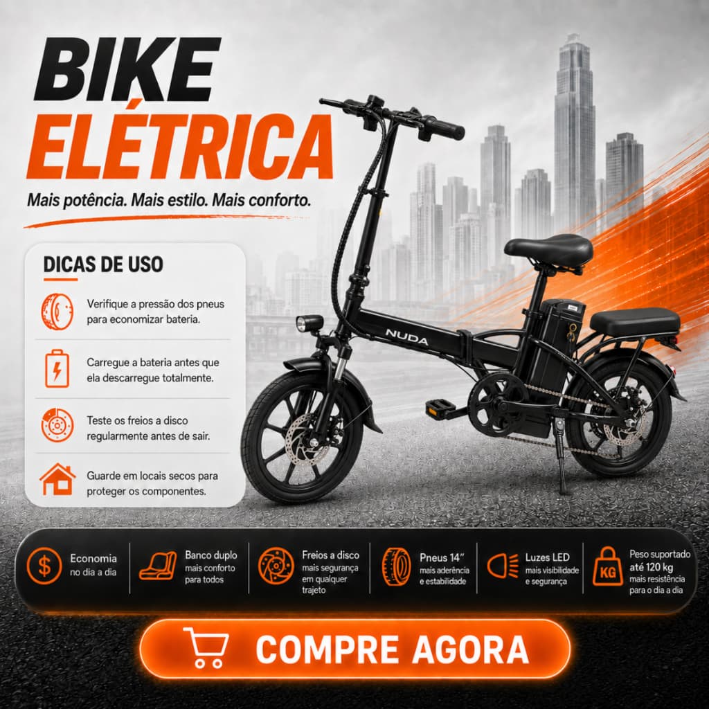 Bicicleta Elétrica Aro 14 com Estrutura Dobrável 400W 48V Compacta Transporte Bike Urbana