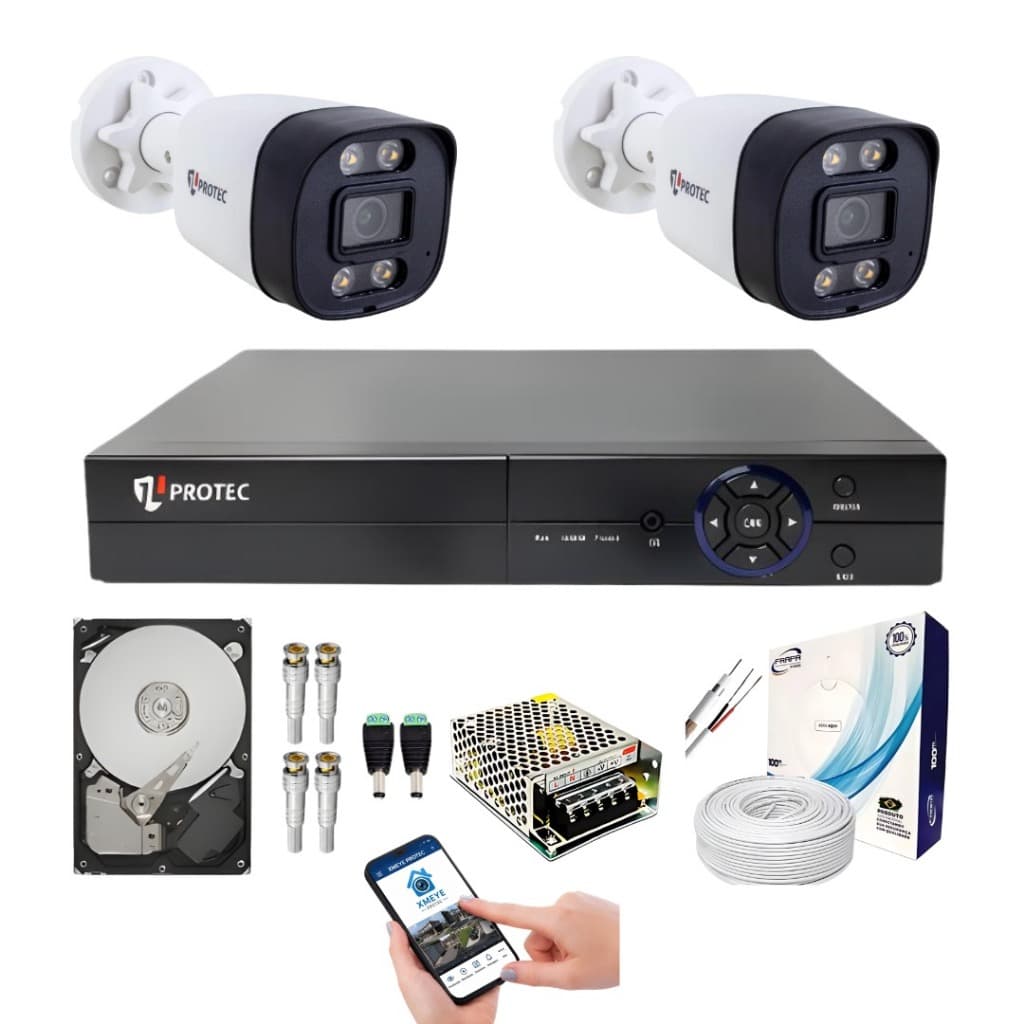 Kit 2 Câmeras Protec tecnologia FullHD 2 mega Pixel FullHD + Dvr 04 Canais com HD 500 GB