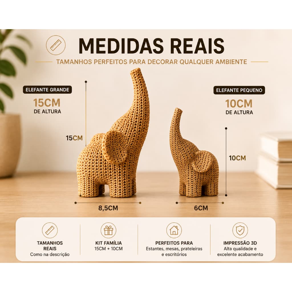 Elefante Decorativo com Textura Trançada | Kit Família 10cm e 15cm | Decoração para Sala e Estante