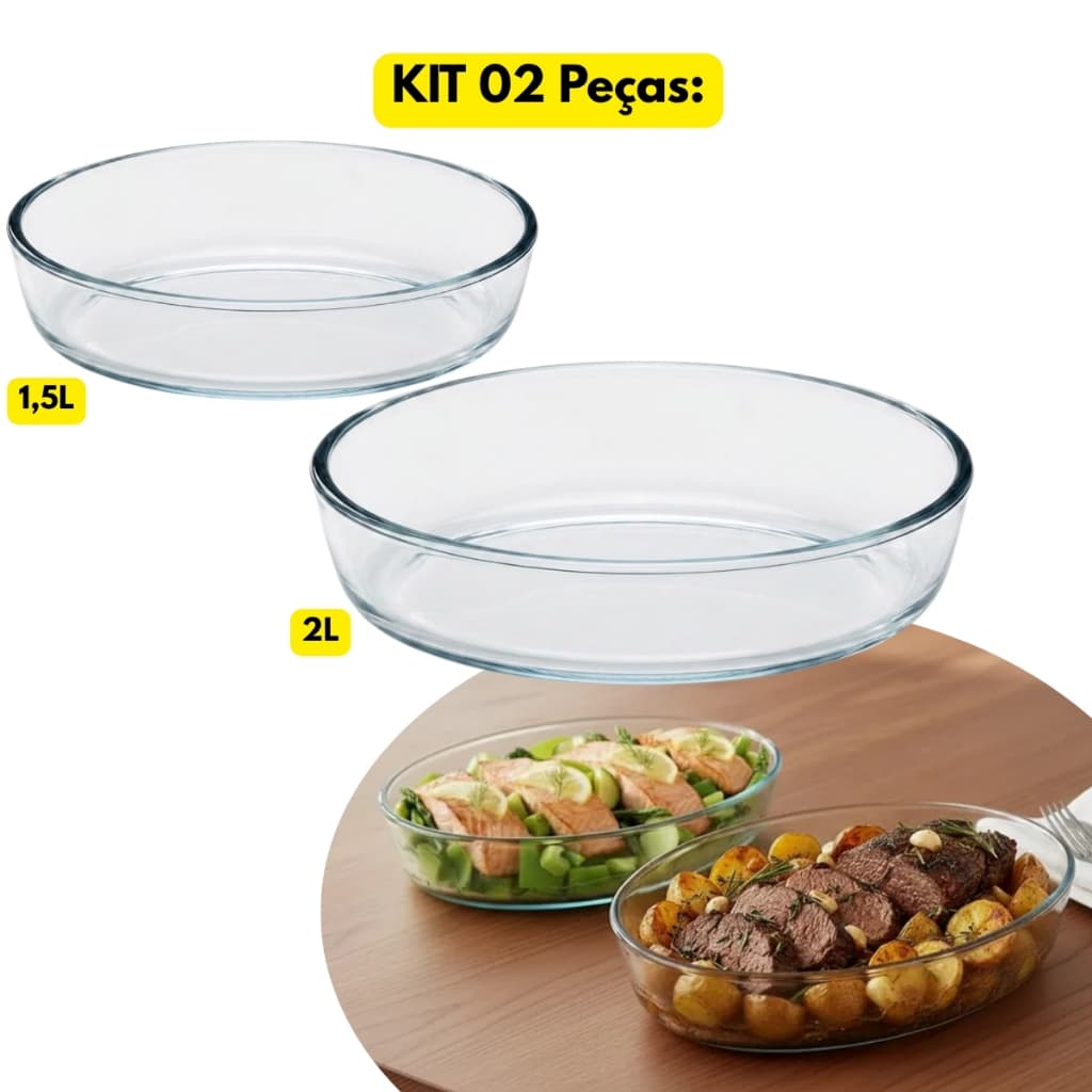 Jogo Kit 02 Peças Assadeiras Oval Vidro 1,5L + 2L Lasanheira Travessa Refratário Assados Servir