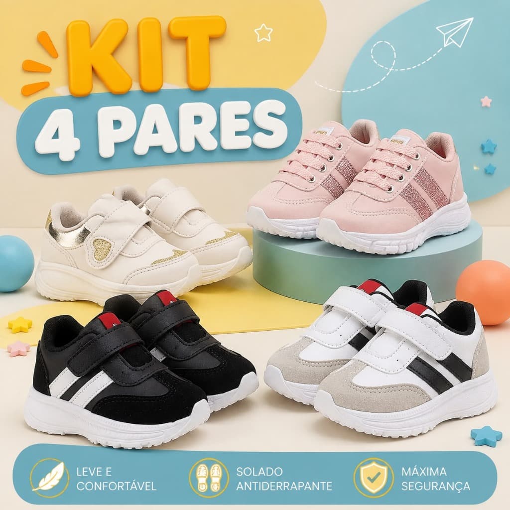 Kit 4 Tênis Menina e Menino Escola E Lazer 4 Pares Super Confortáveis