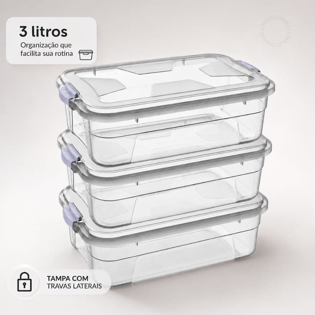 Kit 3 Potes Organizadores 3L Caixas Transparente Tampa Com Trava Lateral Multiuso Cozinha Armário