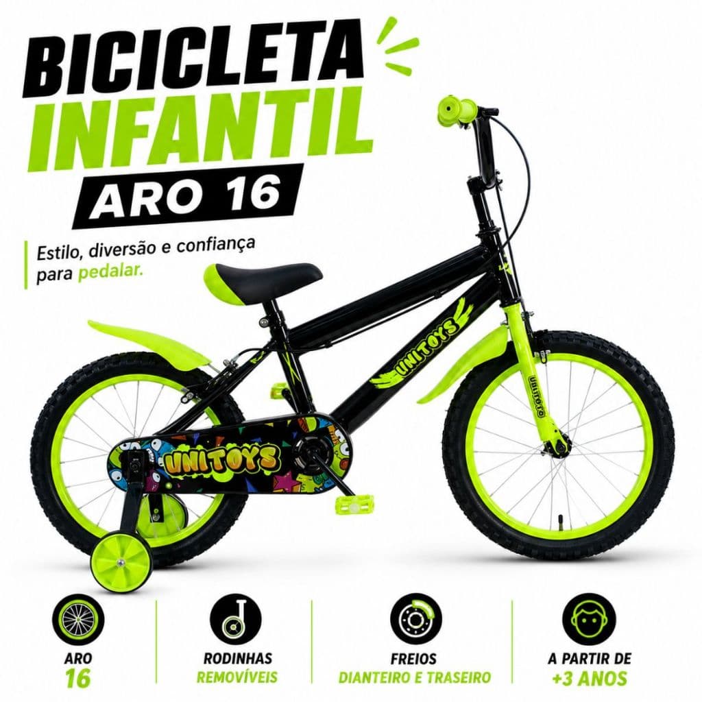 Bicicleta Infantil Aro 16 Unitoys Grafitti Neon Verde Rodinhas Removíveis Freios Dianteiro Traseiro!