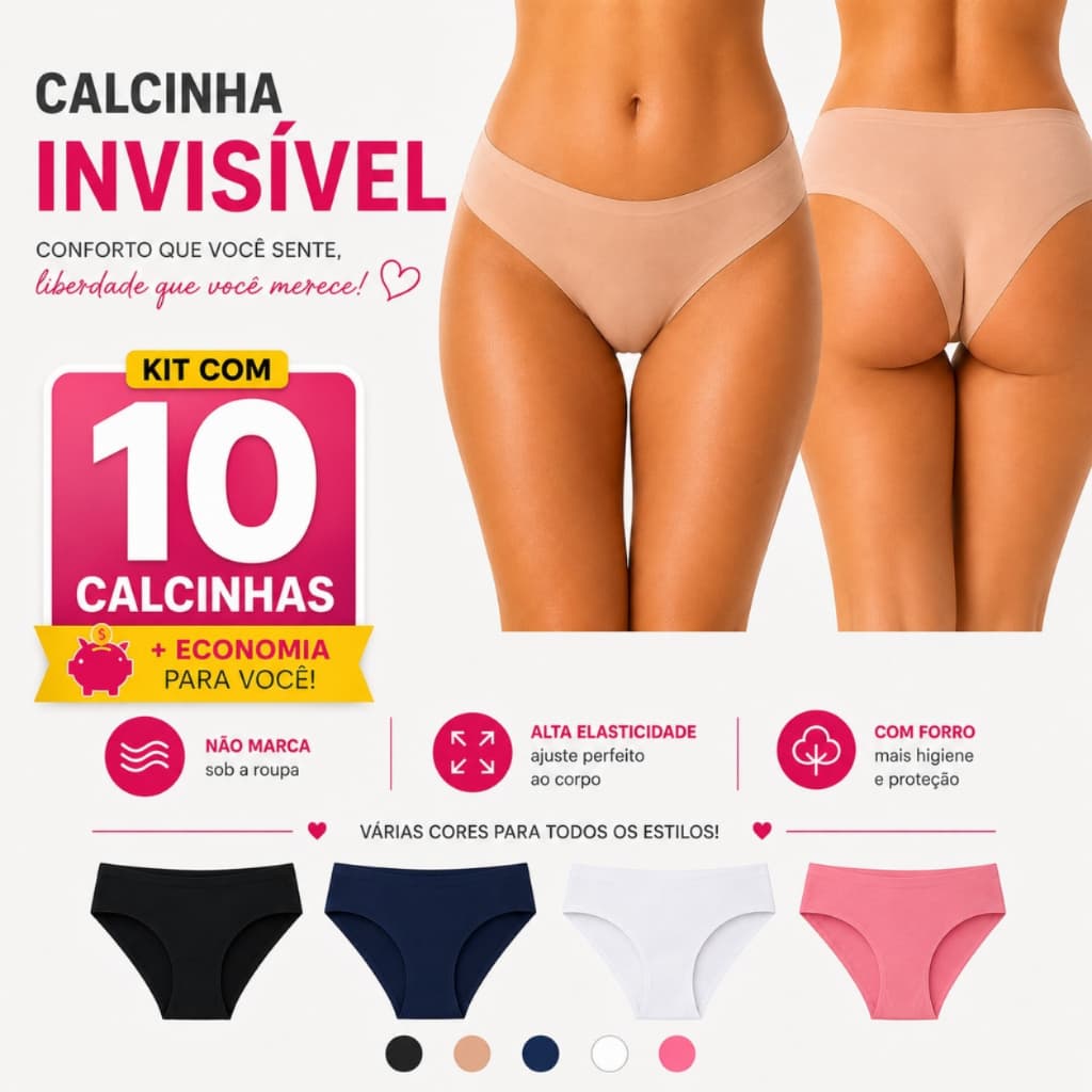 Kit 10 Calcinhas Invisíveis PREMIUM Sem Costura COM FORRO Corte a Laser