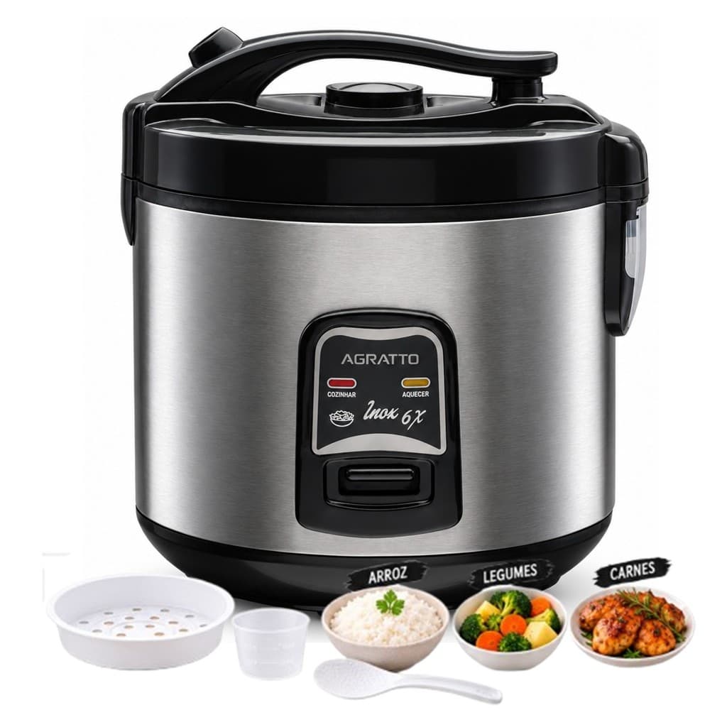 Panela Elétrica de Arroz Inox e Visor Com Vaporeira Agratto 6 Xícaras PAI6X 110v 220v