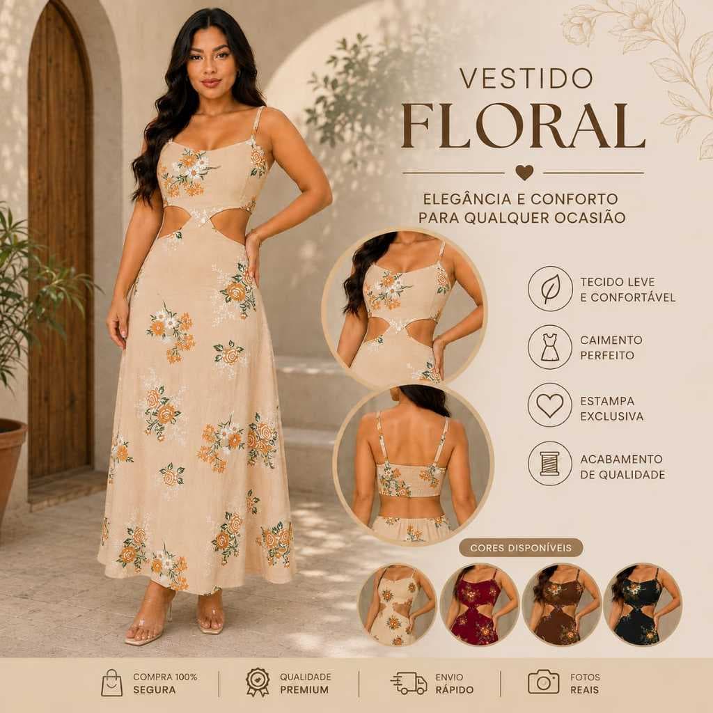 Vestido Feminino Longo Floral com Recorte na Cintura Alça Fina Tamanhos M e G pronta entrega
