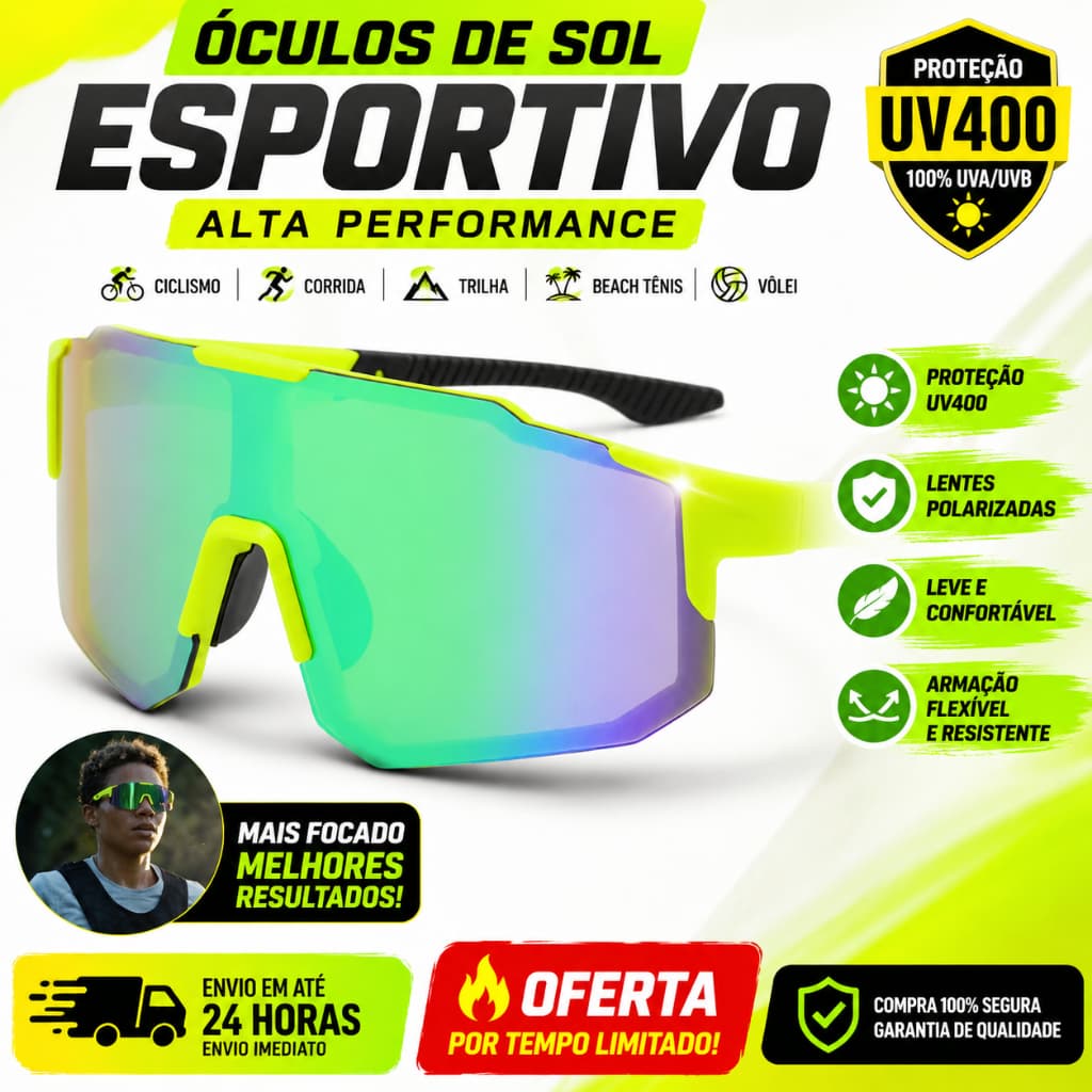 Óculos de Sol Ciclismo Esportivo Polarizado UV400 Visor Único Verde Performance Bike Corrida