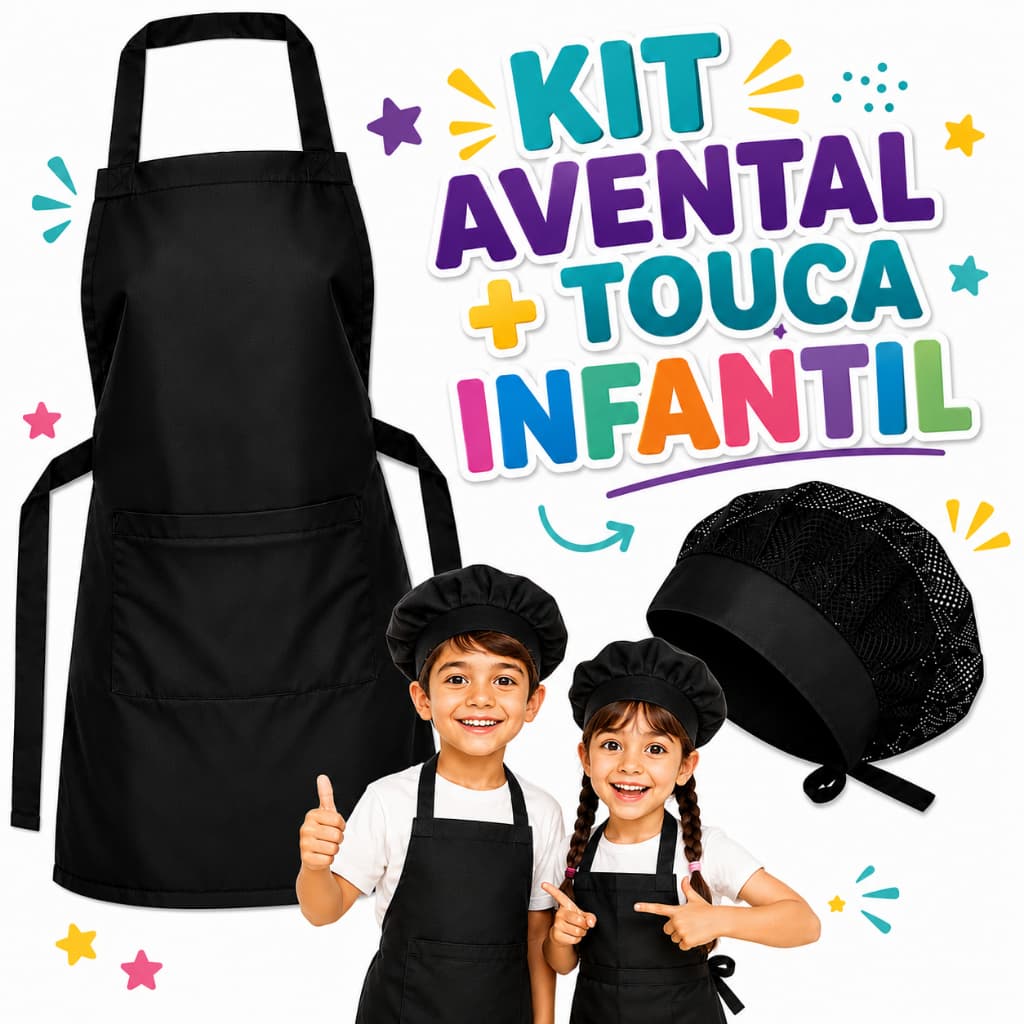 KIT INFANTIL 1 Avental de Cozinha + 1 Touca Tradicional Oxford Preto/Branco