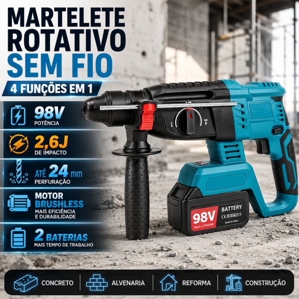 Martelete Rotativo 98V Sem Fio Brushless 4 Funções 2,6J com 2 Baterias para Concreto e Construção