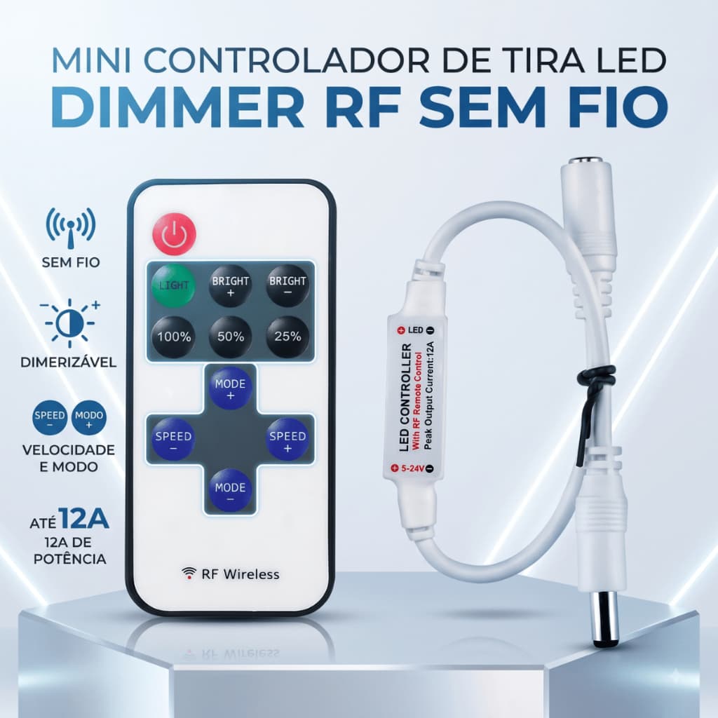 Mini Controlador Dimmer RF Sem Fio para Fita LED Monocromática  5-24V 12A Controle Remoto