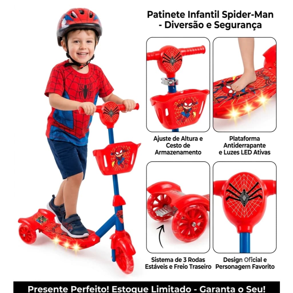 Patinete infantil Unicórnio ou  Heroi Aranha Infantil 3 Rodas e Luz LED - Vermelha