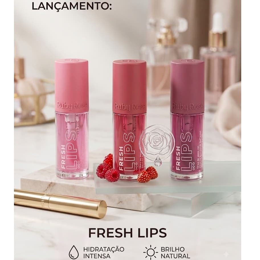 Lip Oil Fresh Lips Ruby Rose - Óleo Hidratante Labial com Vitamina E, Jojoba e Uva