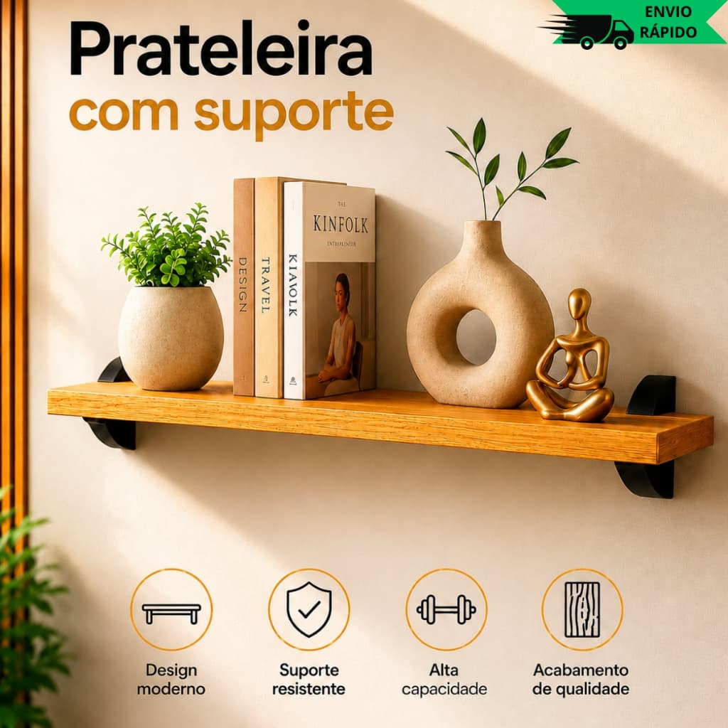 Prateleira De Parede MDF Madeirada Com Suporte Preto 60x20 80x30 Sala Quarto