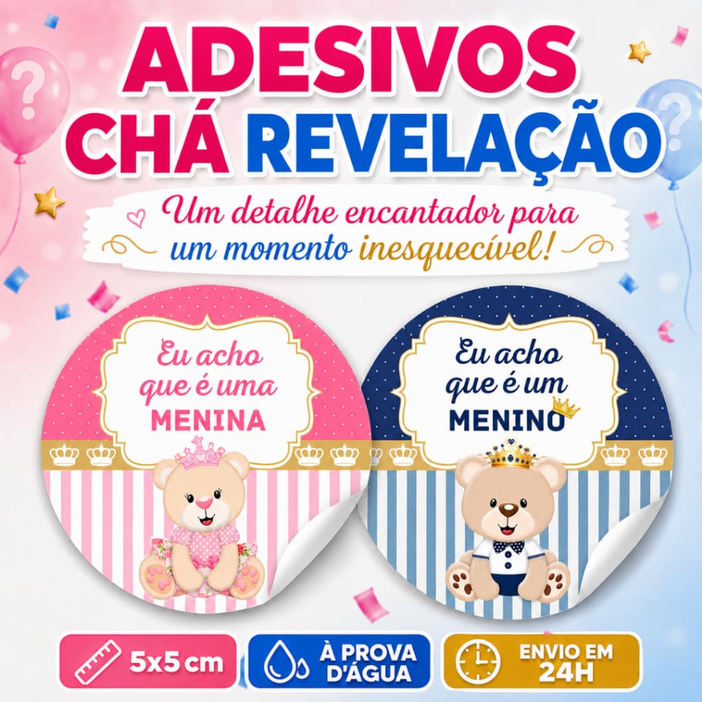 100 Adesivos Chá revelação Menina Menino Azul e Rosa Envio Imediato