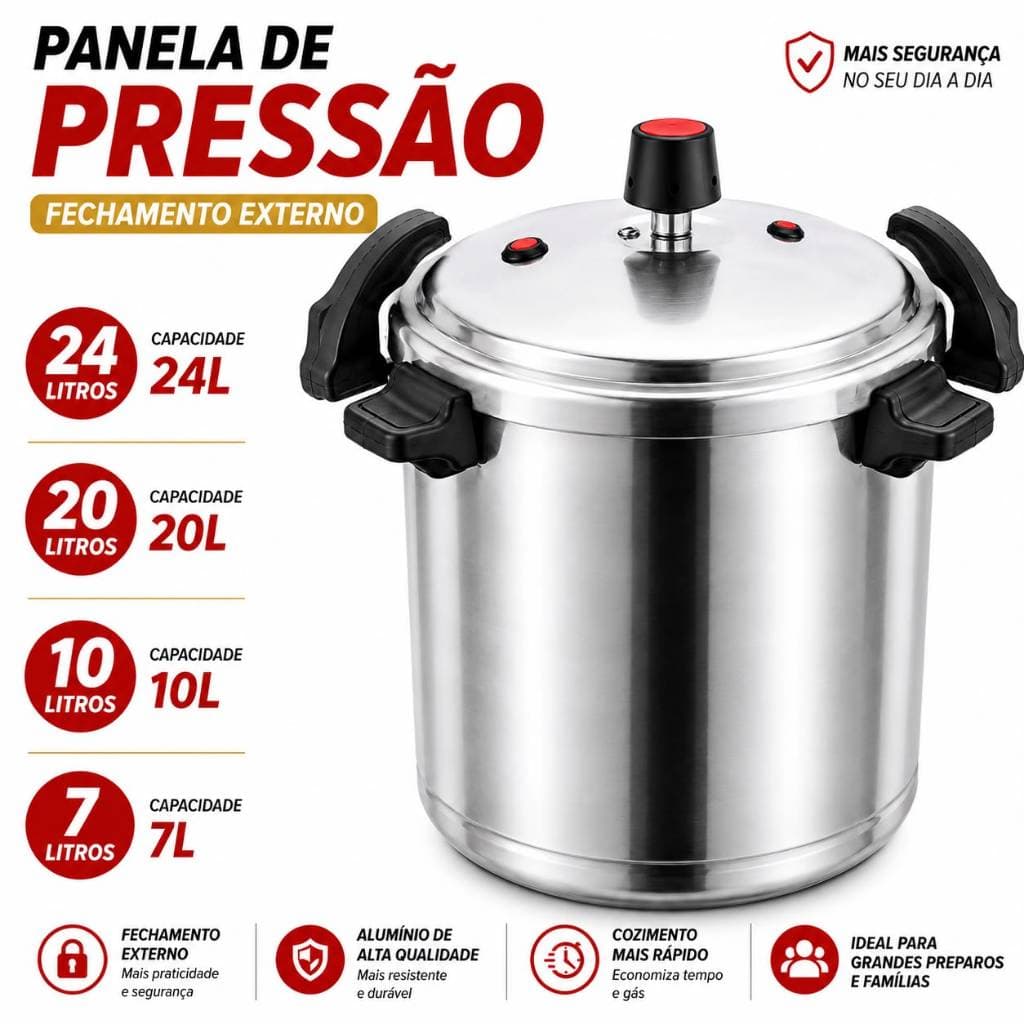 Panela de Pressão 24L, 20L, 10L ou 7L Profissional | Fechamento Externo em Alumínio - Alta Segurança