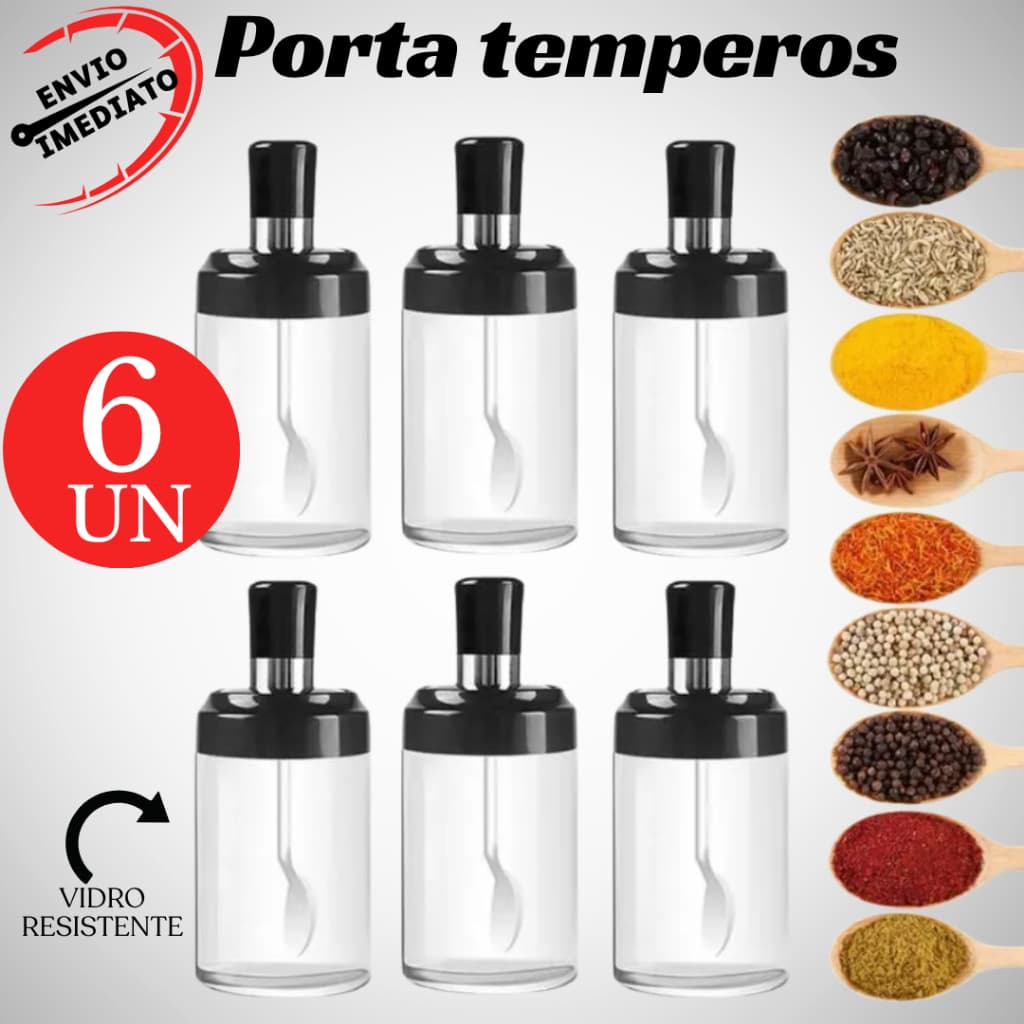 Porta Tempero Porta Condimento Pote de Vidro com Colher Integrada para Armazenamento de Temperos