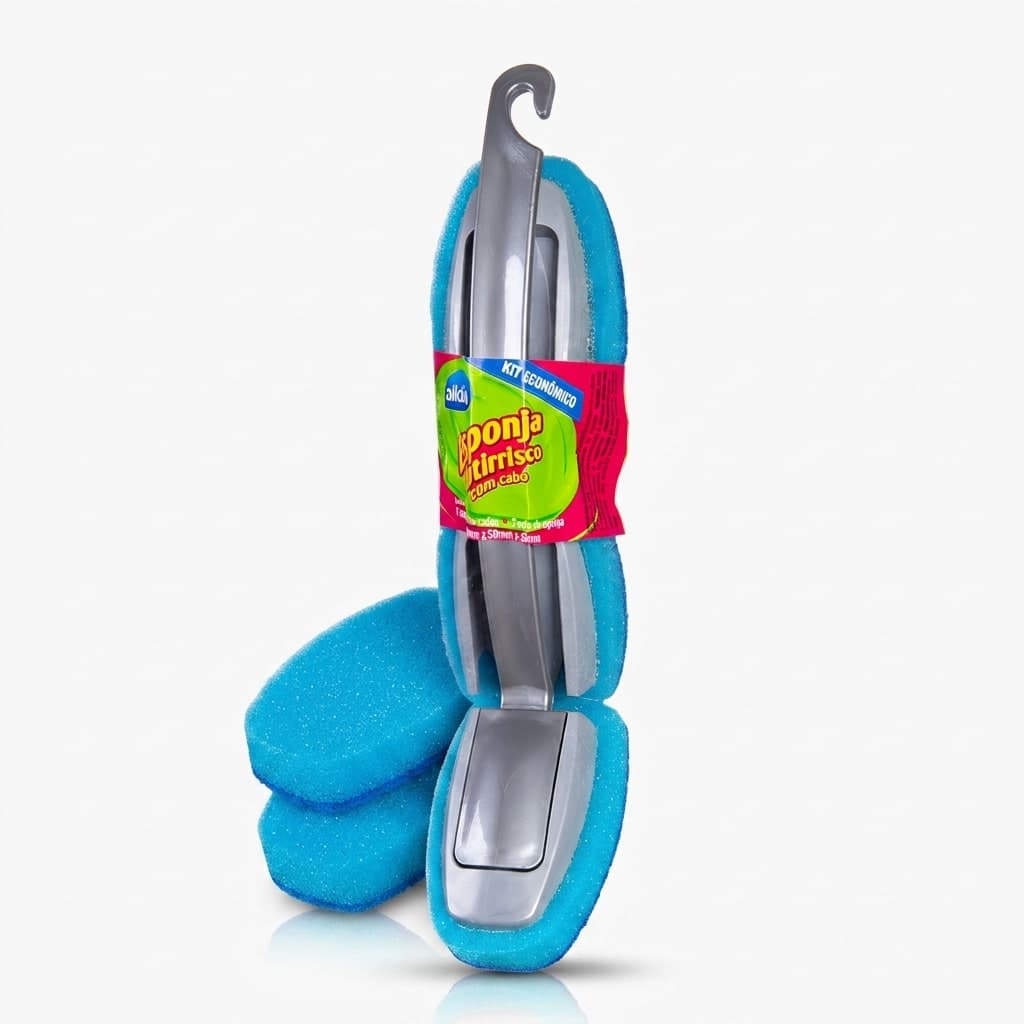 Esponja Multiuso Antirrisco Alklin com Cabo e 2 Refis Super Macia 27cm