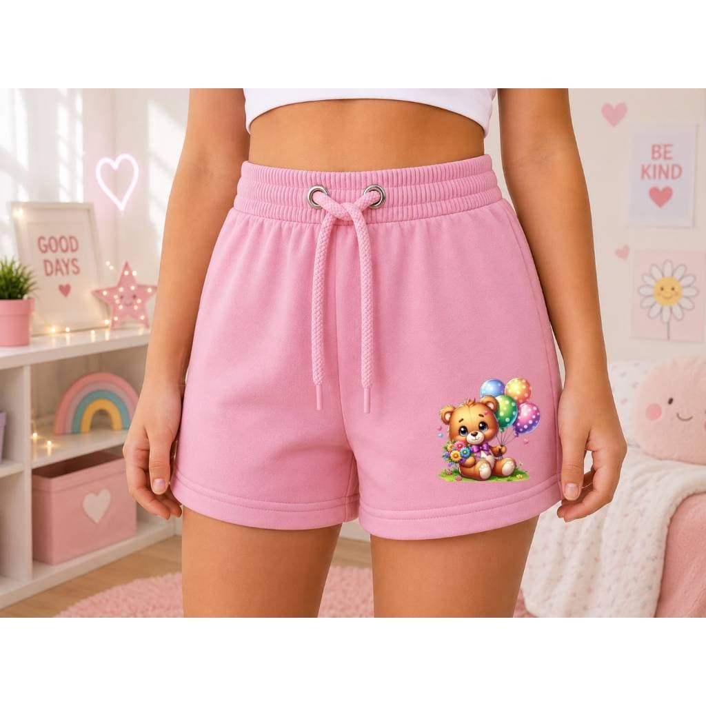 Short de Moletom Infantil Feminino Básico e Confortável Estampado de Ursinho e Balão para Meninas em Diversas Ocasiões