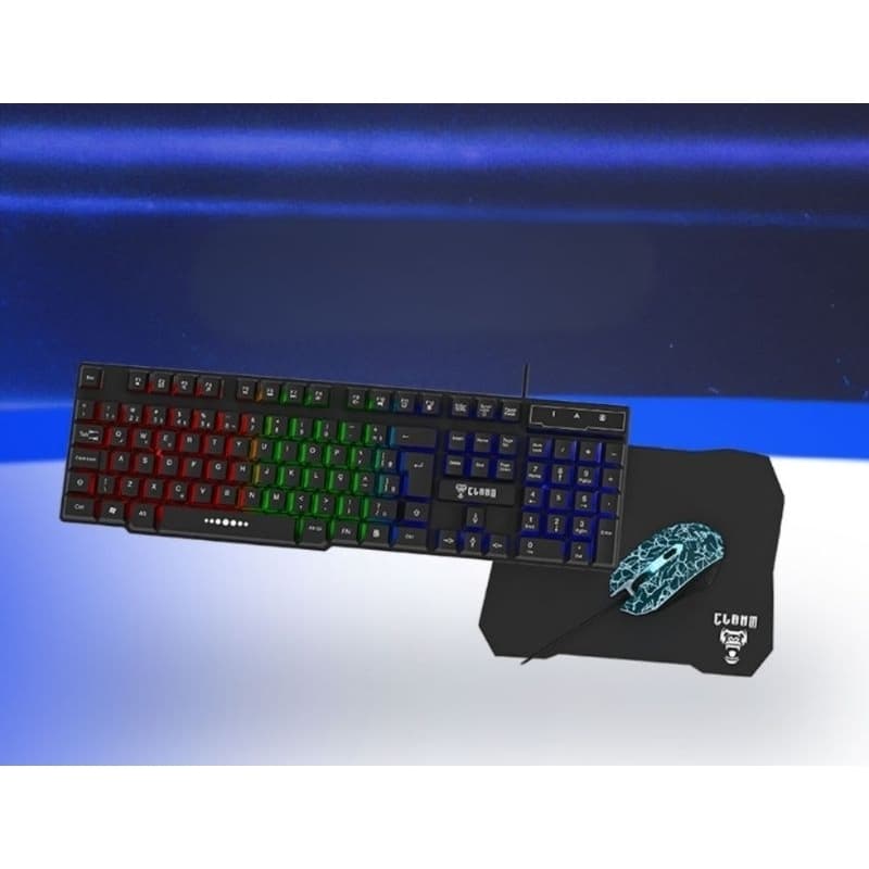 Combo Gamer Nightmare da marca Clanm, que inclui um teclado com iluminação LED, um mouse com design texturizado e LED